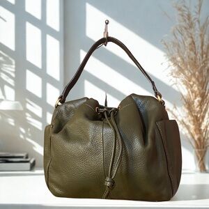 Banana Republic Olive Green Leather Hobo Bag Gold Accents 9.5x9x5.5 Two Straps